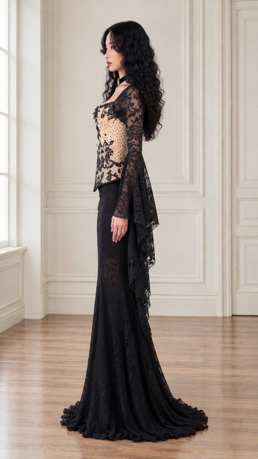 Side profile view of black lace corset dress with mermaid skirt silhouette