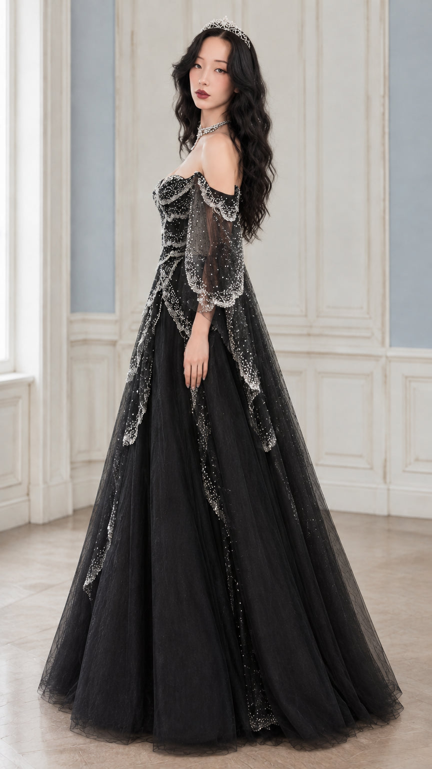 Side profile view of black off-shoulder sequin evening dress