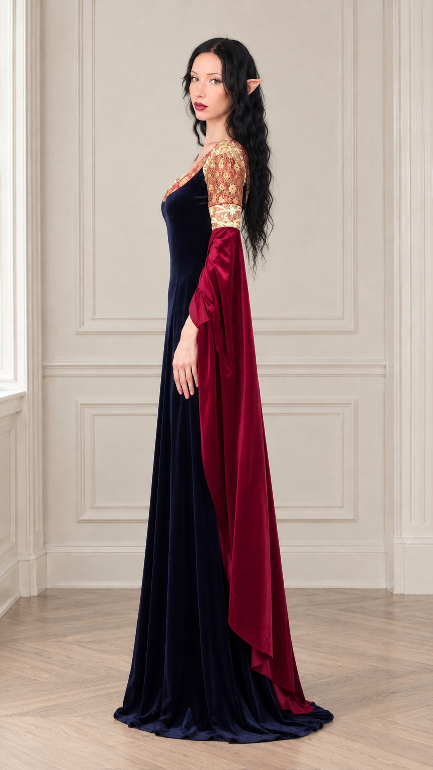 Side profile view of navy blue velvet renaissance dress highlighting long trailing sleeves