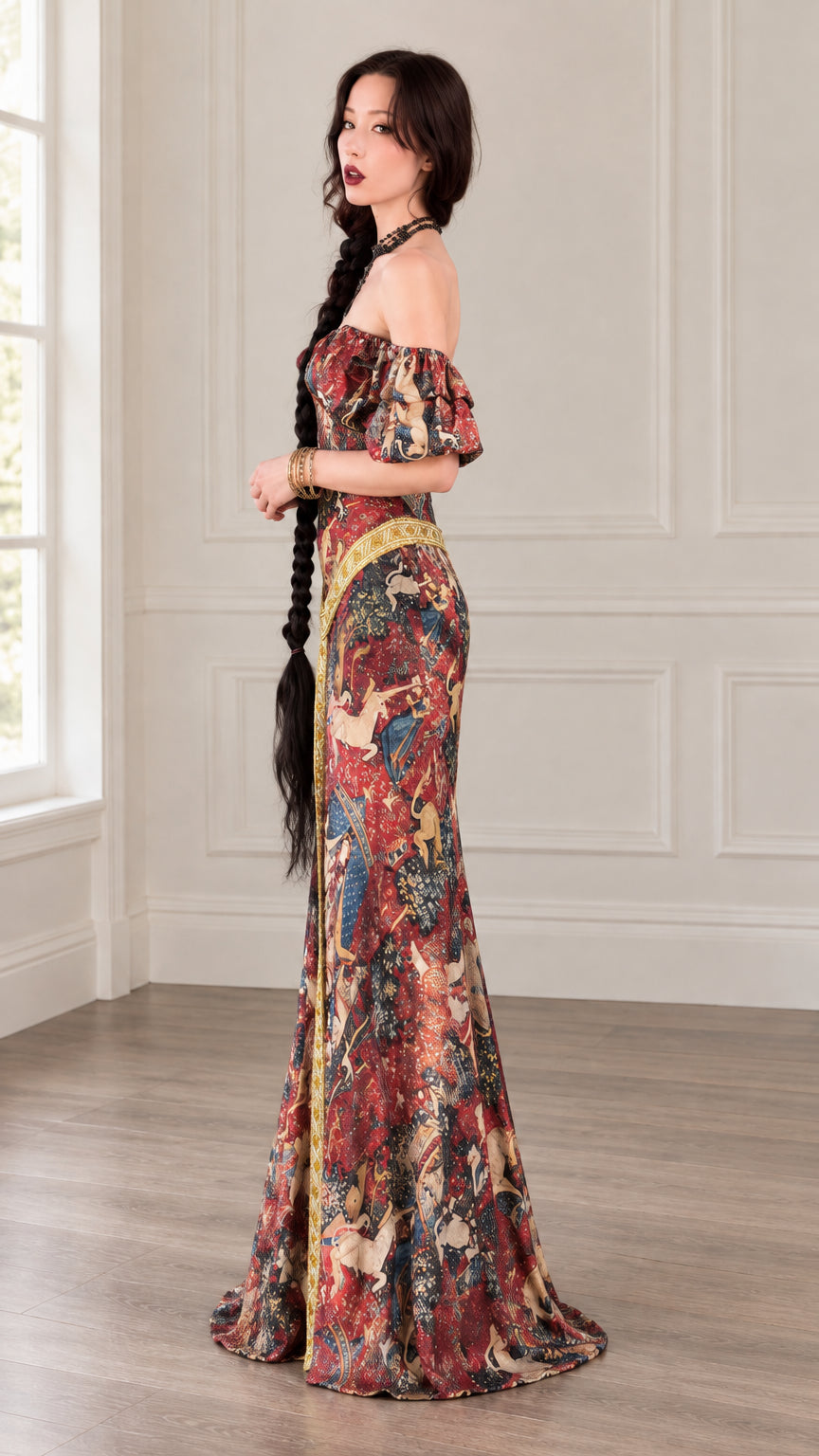 Side angle view of burgundy off-the-shoulder tapestry print maxi gown