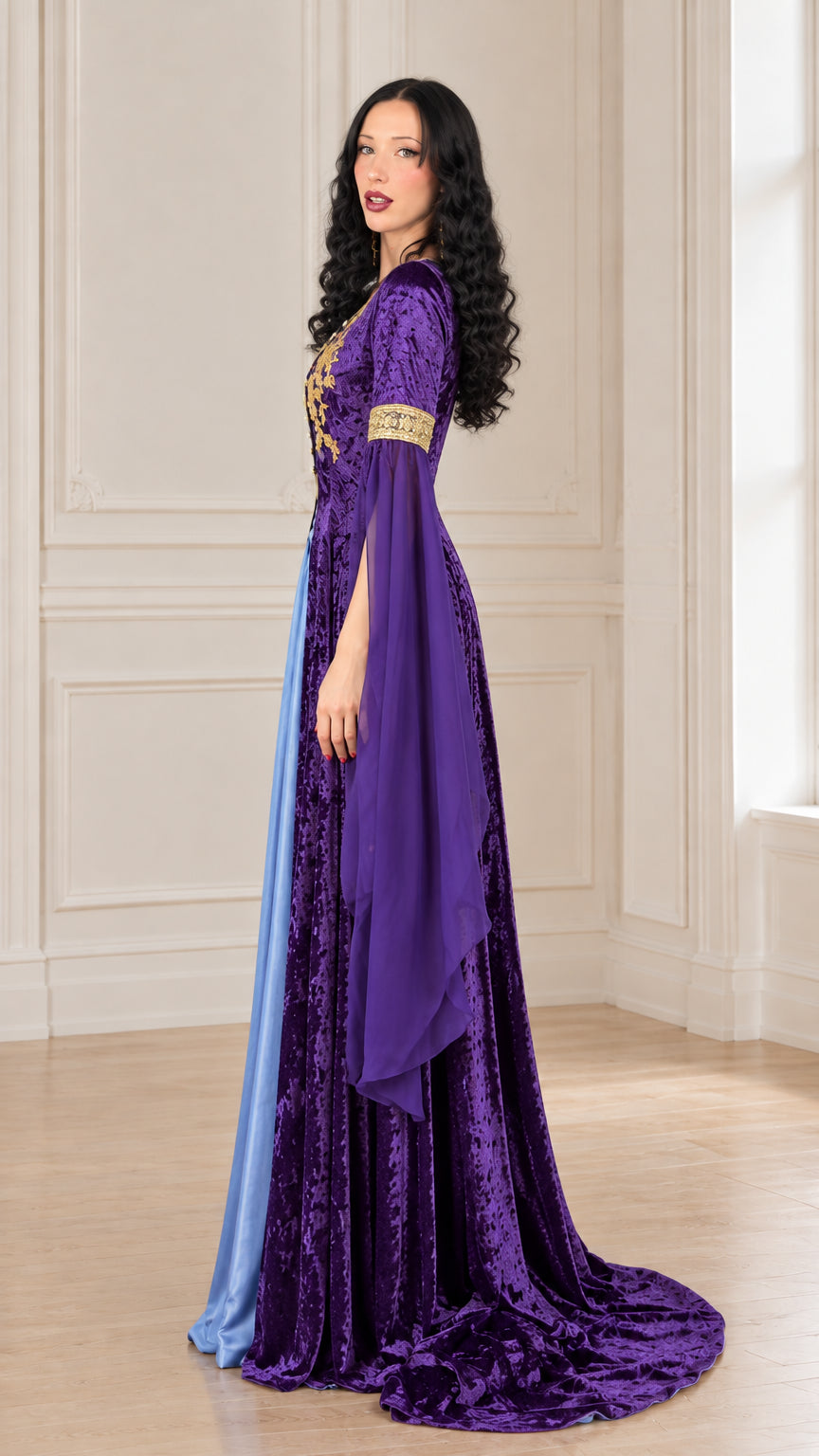 Side profile view of purple renaissance maxi dress showing floor-length train and dramatic sleeves