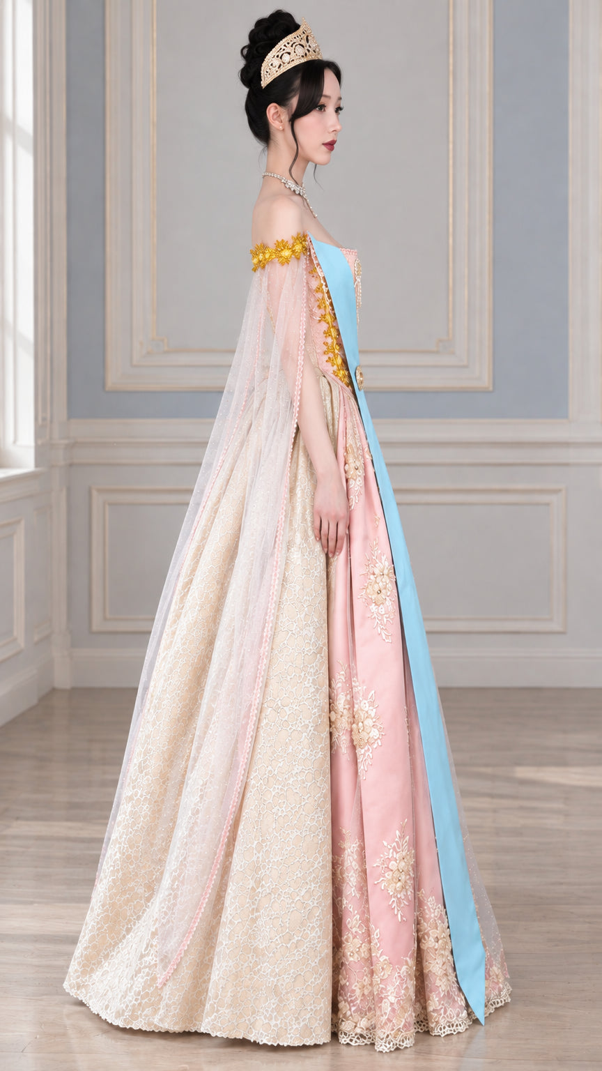 Side profile view of pink and gold vintage ball gown showcasing flowing cape