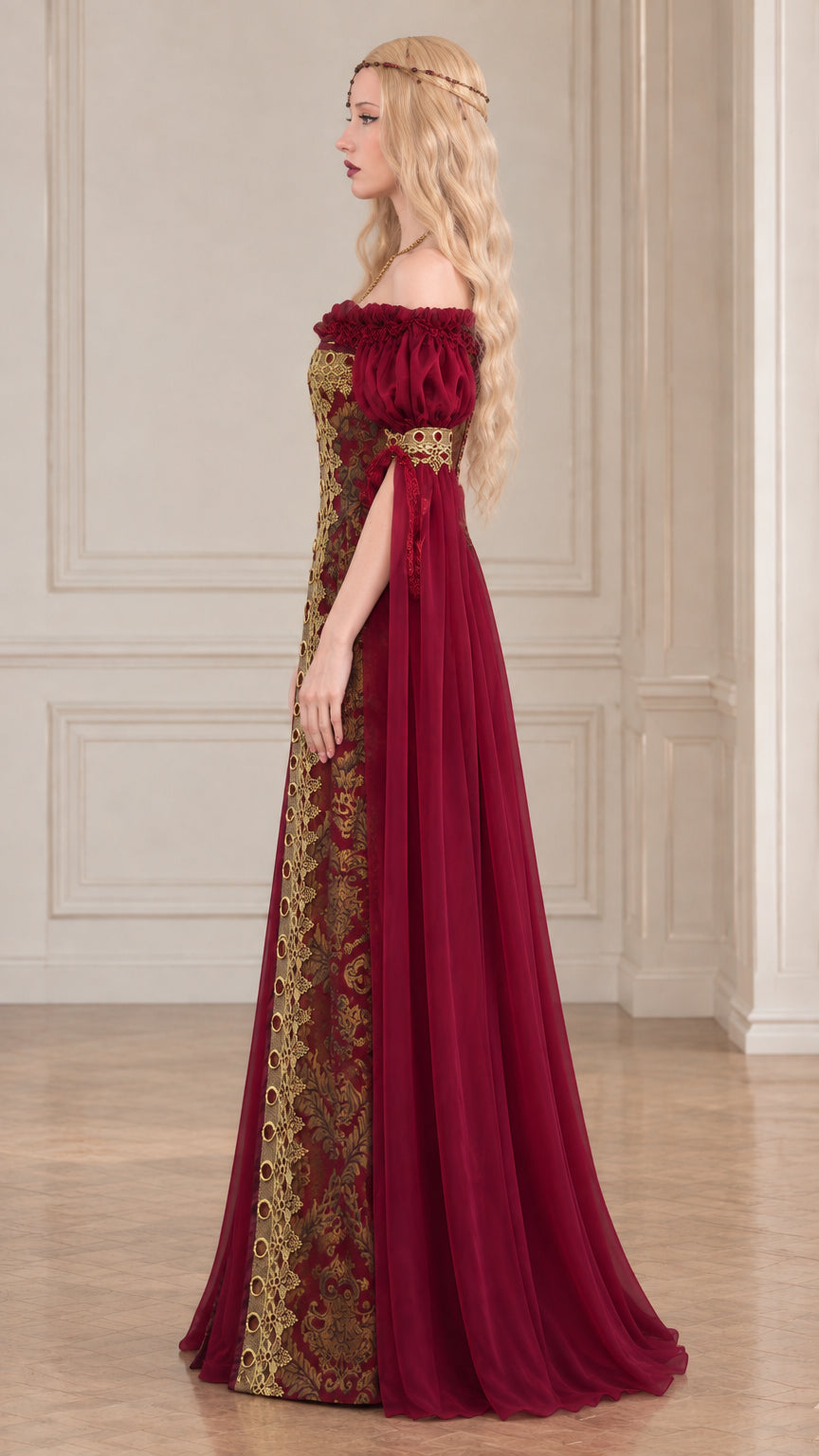 Side profile of burgundy medieval gown showing flow of cape sleeve and A-line silhouette