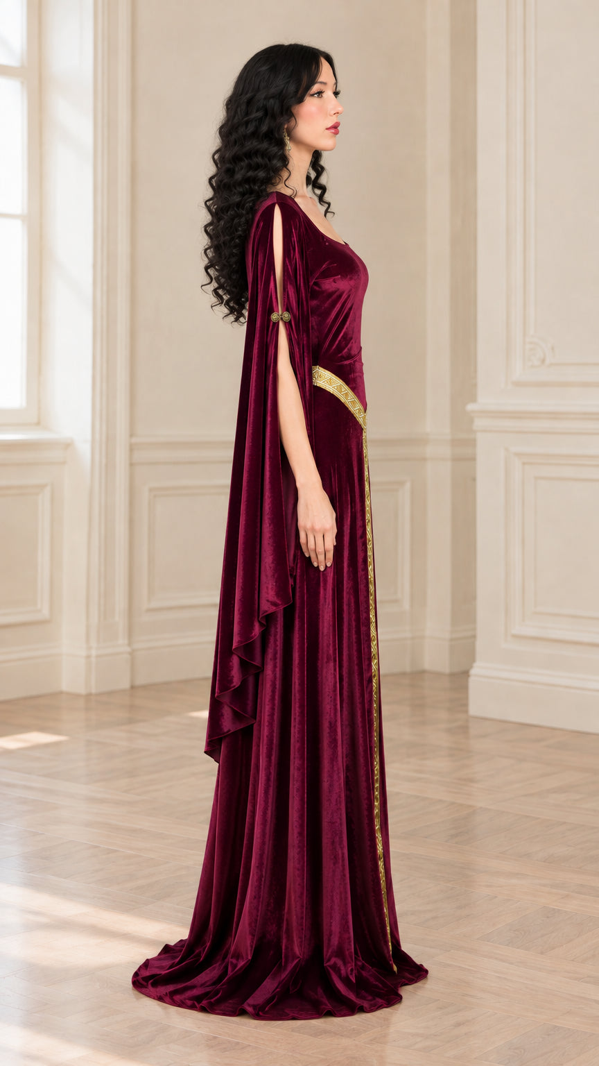 Side profile view of burgundy velvet medieval maxi gown showing floor length and sleeve drape
