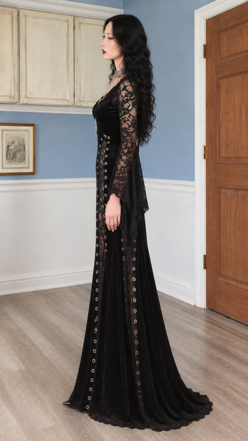 Side angle view of black velvet and lace bell sleeve floor-length gown