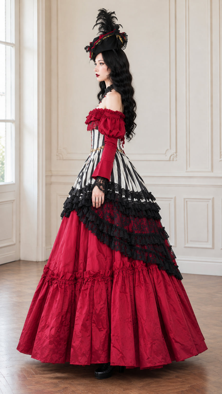 Wine red Victorian ballgown dress side profile with tiered ruffled skirt