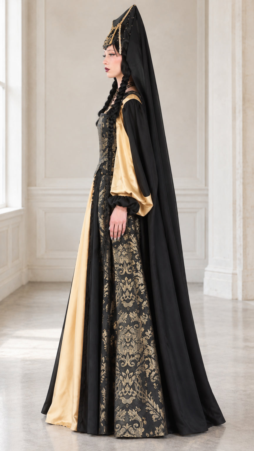 Side angle view of black and gold renaissance brocade floor-length gown