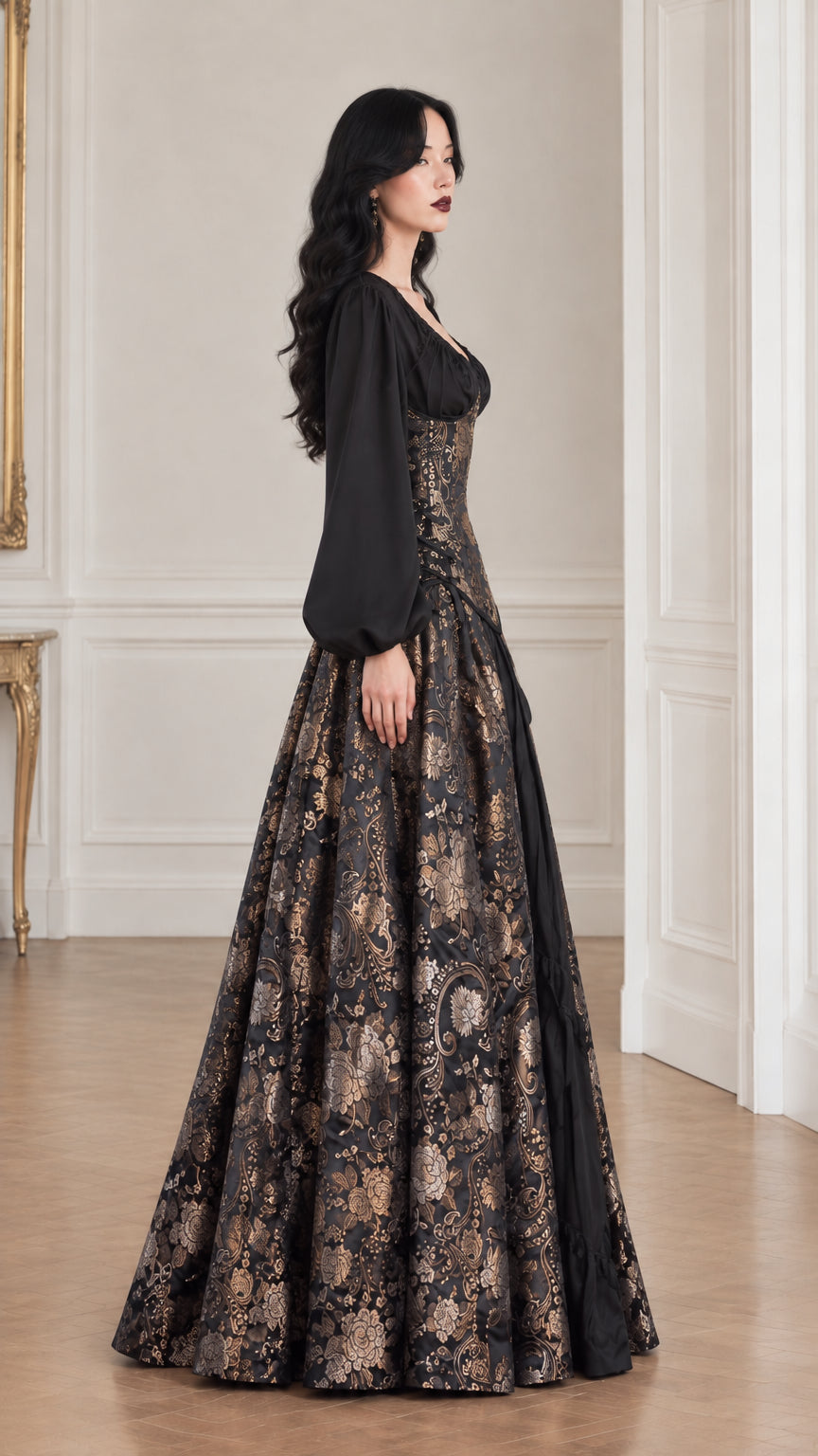 Side profile of model wearing black and gold brocade Victorian ball dress