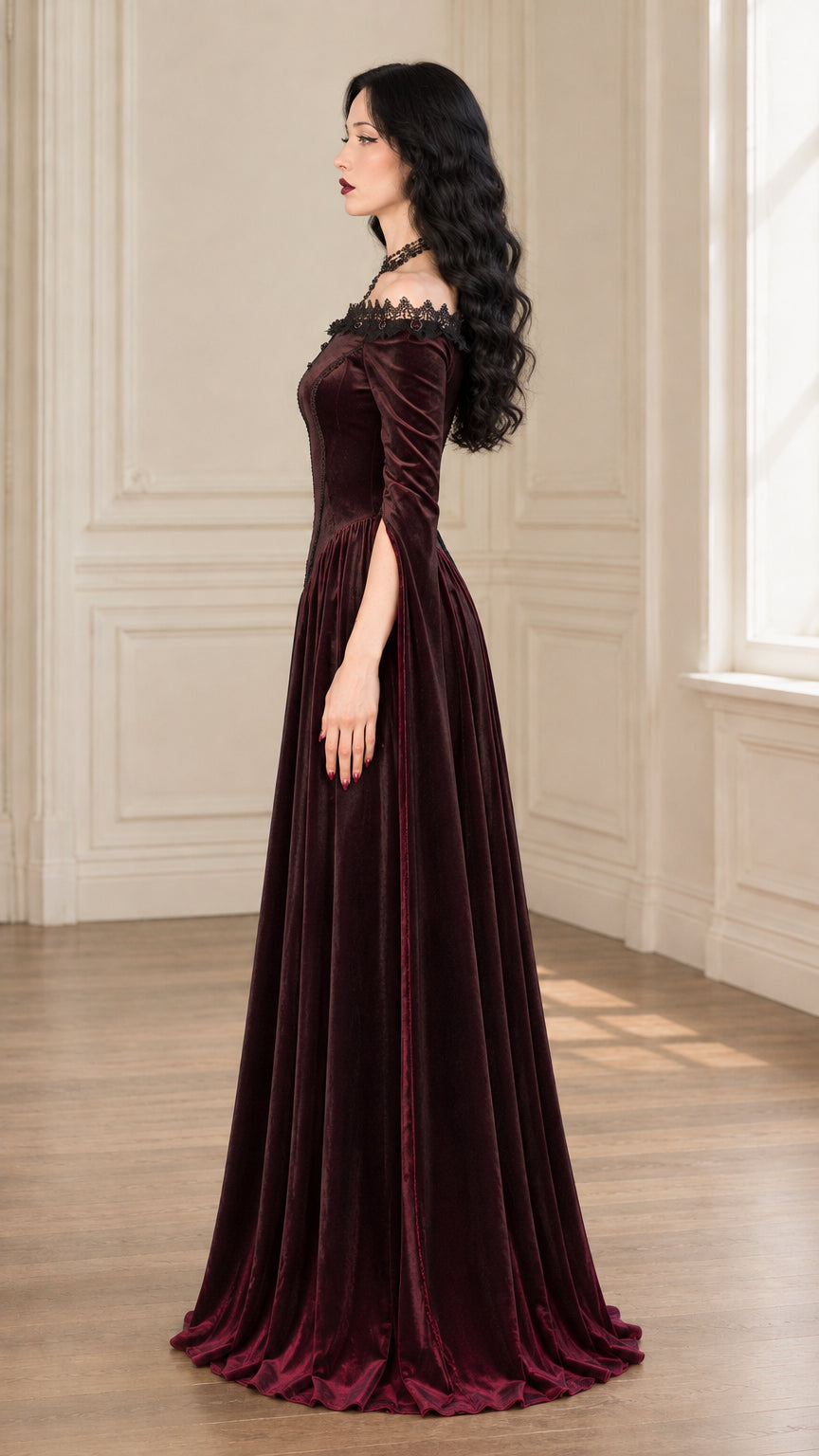 Side view of woman wearing burgundy velvet Renaissance maxi dress