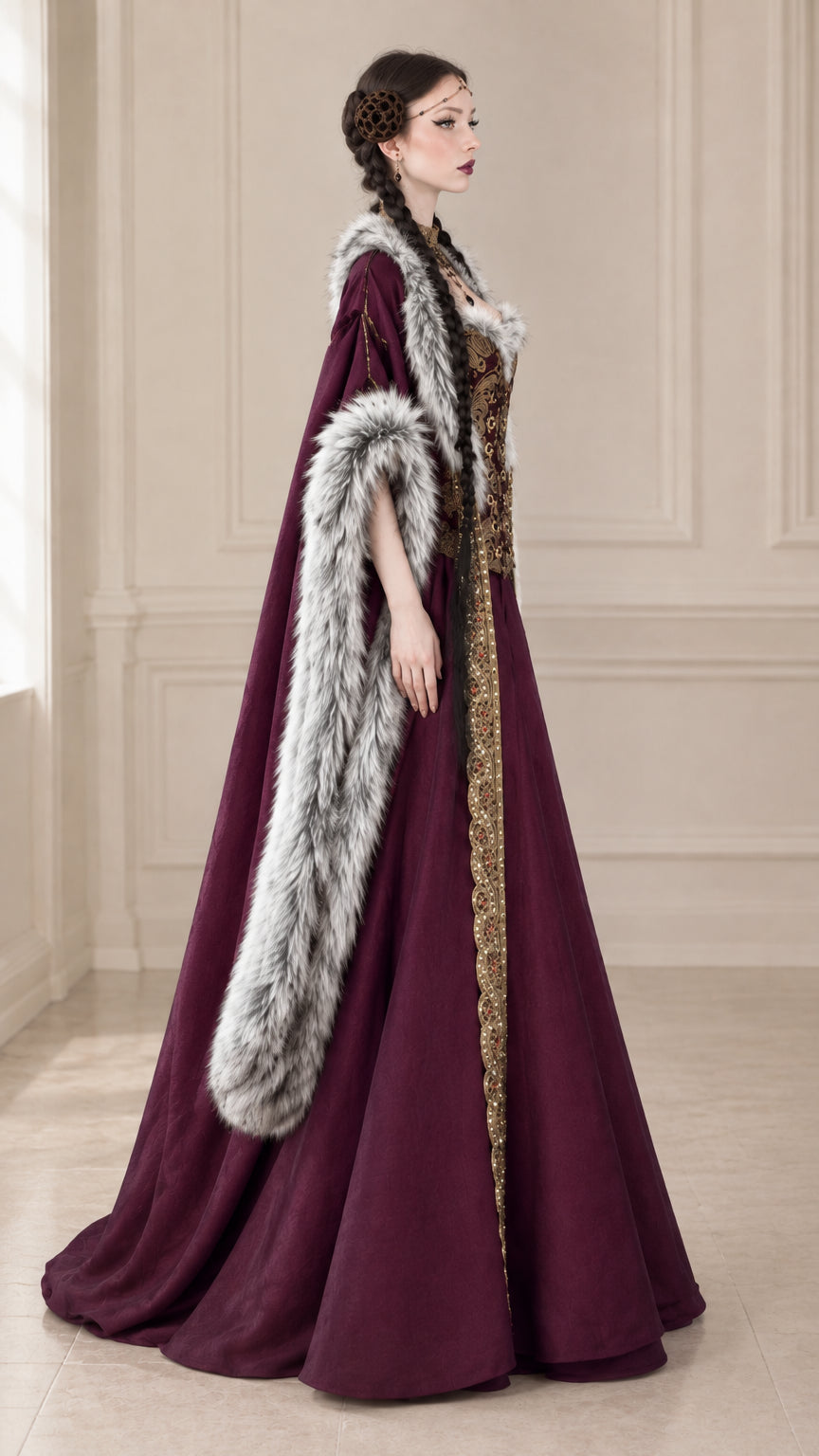 Side profile view of burgundy Renaissance gown showing sweeping cape sleeves