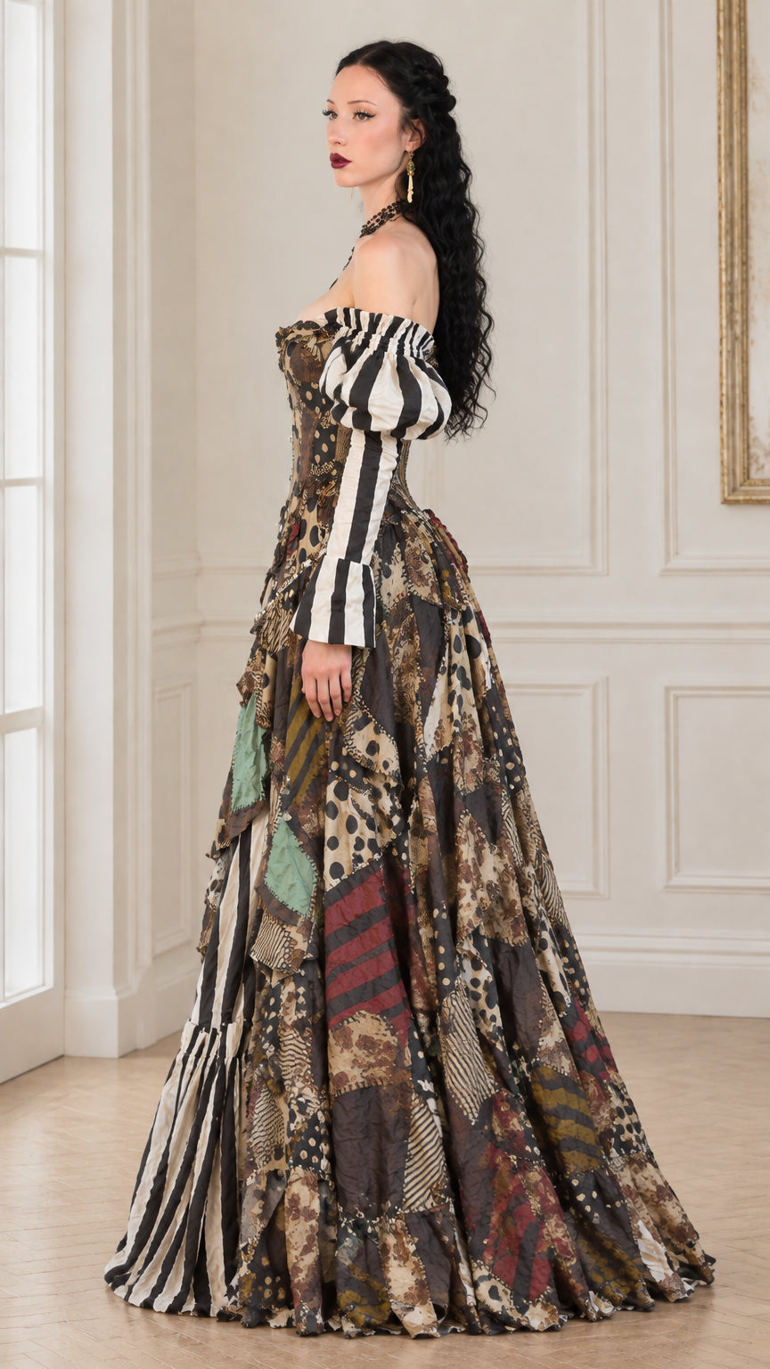 Side profile view of women's vintage patchwork off-shoulder ball gown