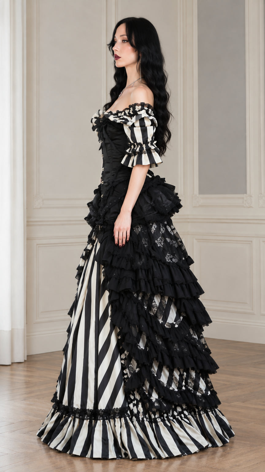 Side profile view showing the dramatic ruffled bustle drape of the black striped Victorian ball gown