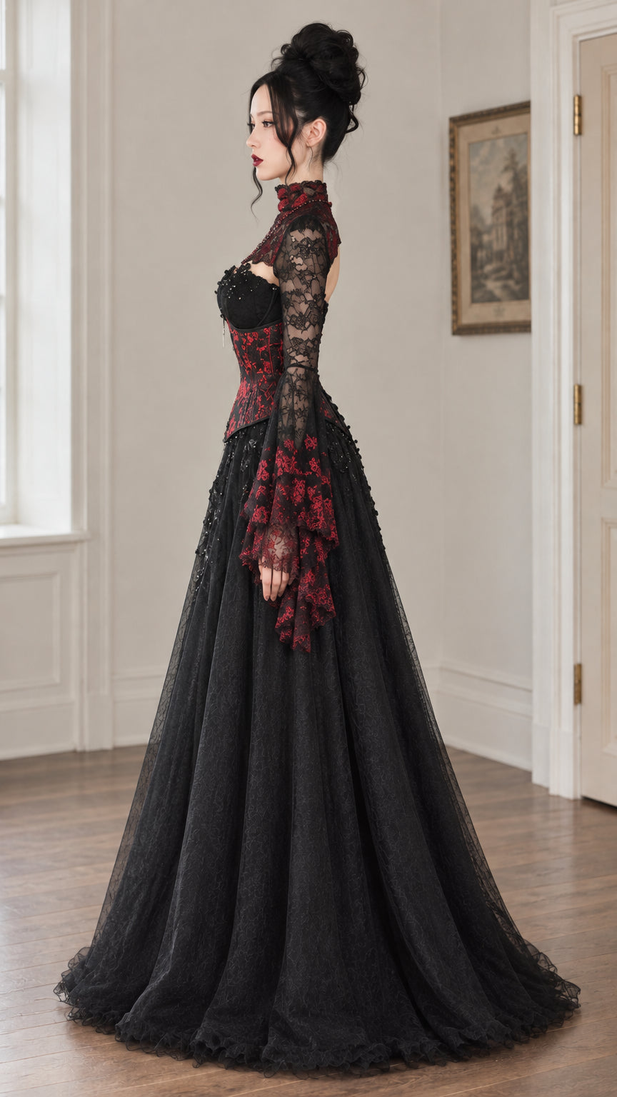 Side profile view of black and red gothic corset evening dress showing dramatic floor-length silhouette