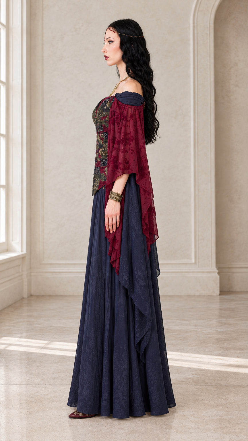 Side profile of navy and wine red Renaissance maxi dress with draped sleeves
