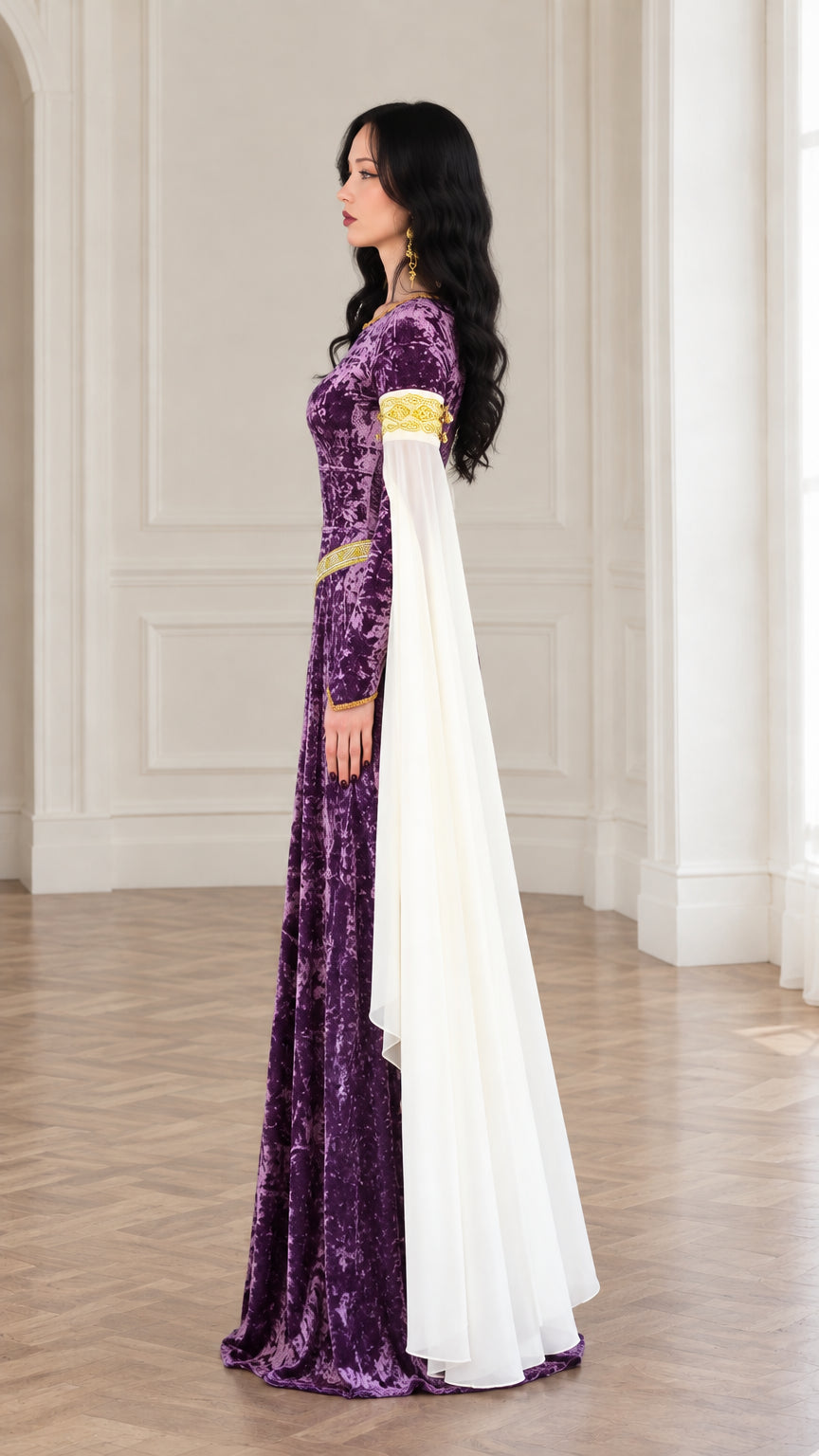 Side full-length view of woman wearing purple medieval velvet dress highlighting long white drape sleeves
