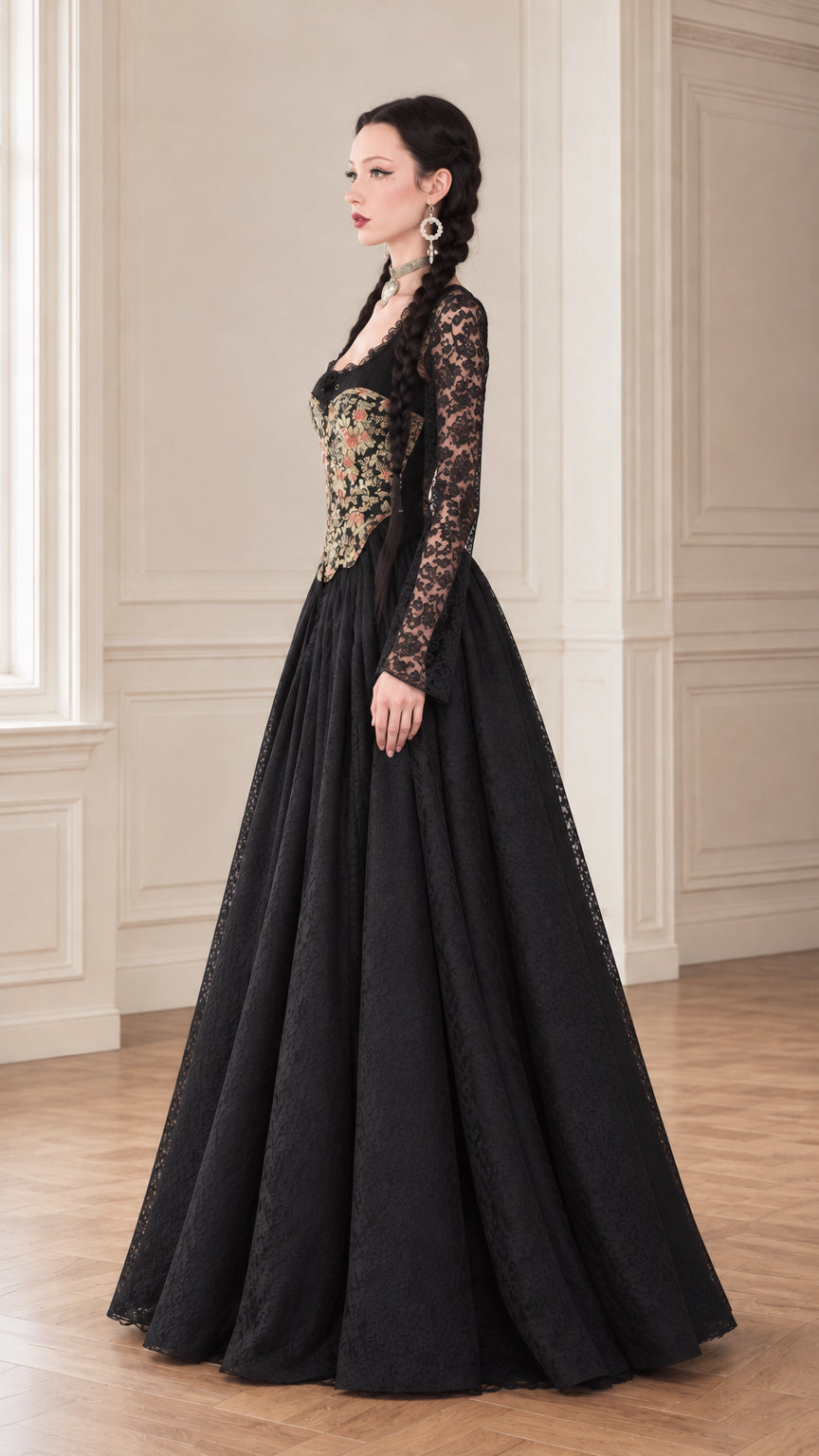 Side profile view of the black floral tapestry lace ball gown dress