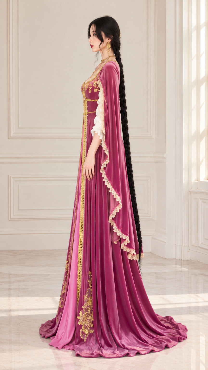 Side profile view of woman modeling magenta Renaissance gown highlighting dramatic draped cape sleeves