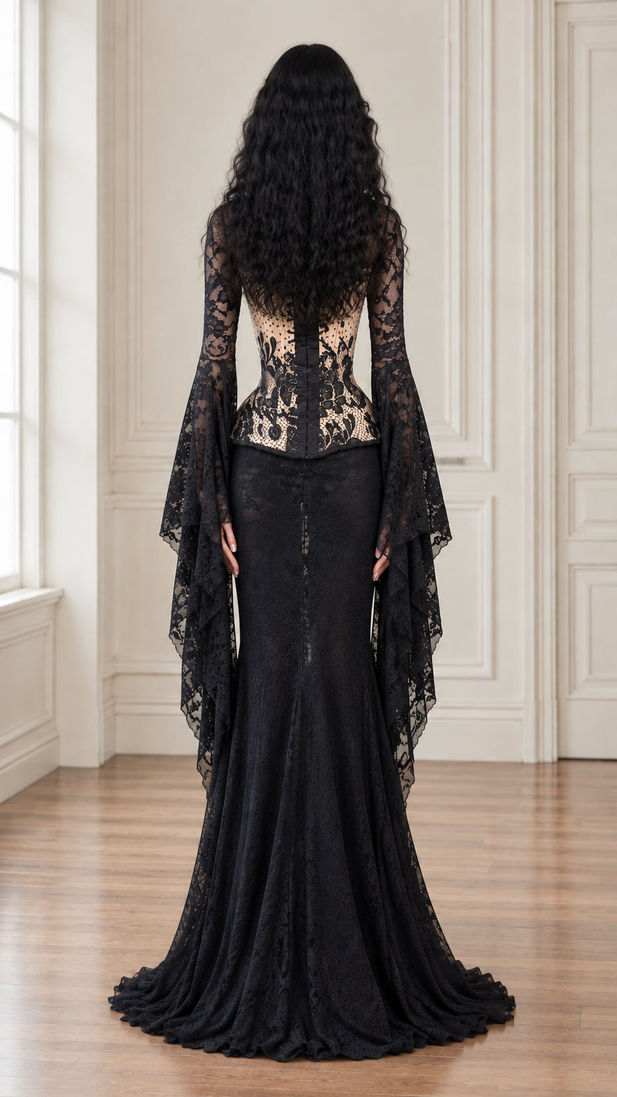 Back view of black floor-length lace corset gown showing fitted waist and flared hem