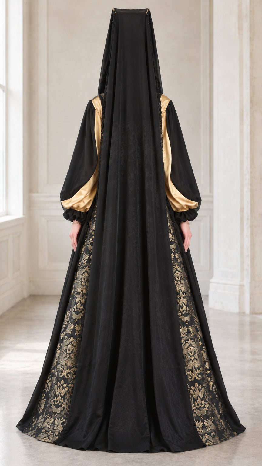 Back view of women's medieval gown showing trailing draped silhouette