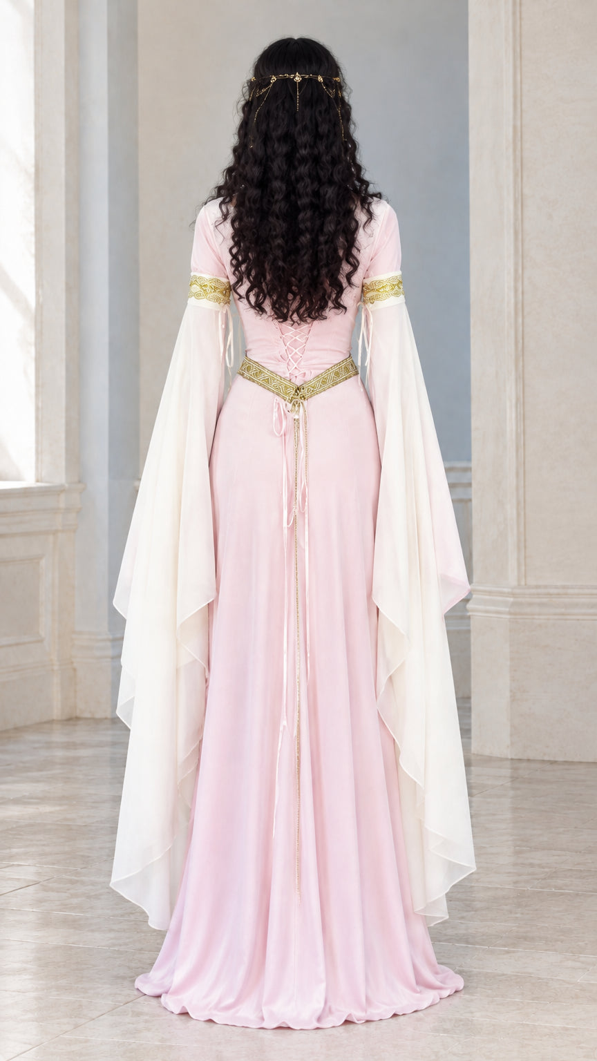 Rear view of light pink medieval dress showing the lace-up corset back detail and flowing skirt
