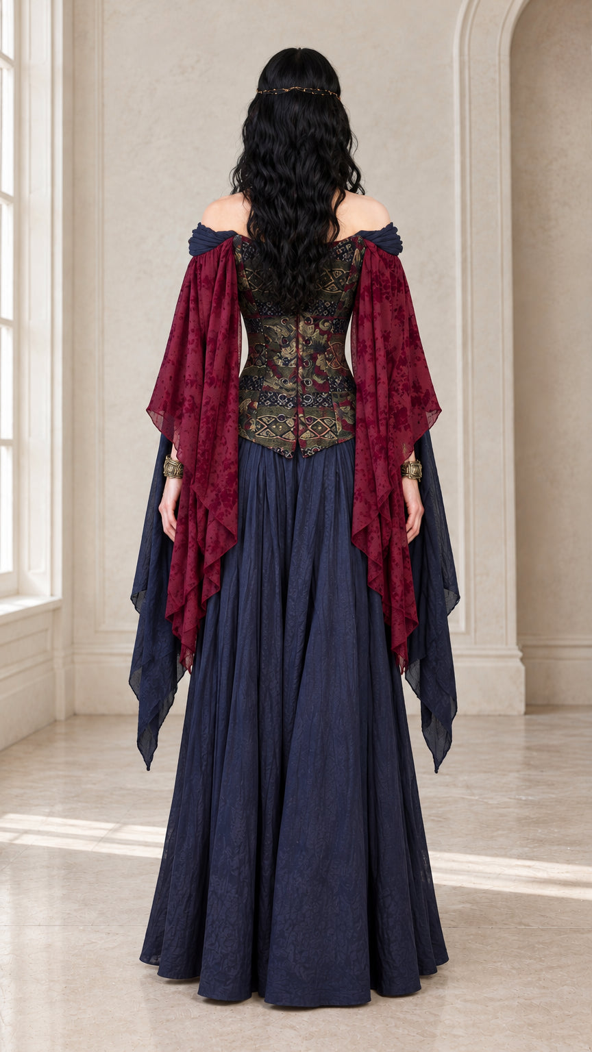 Back view of navy and wine red historical costume gown