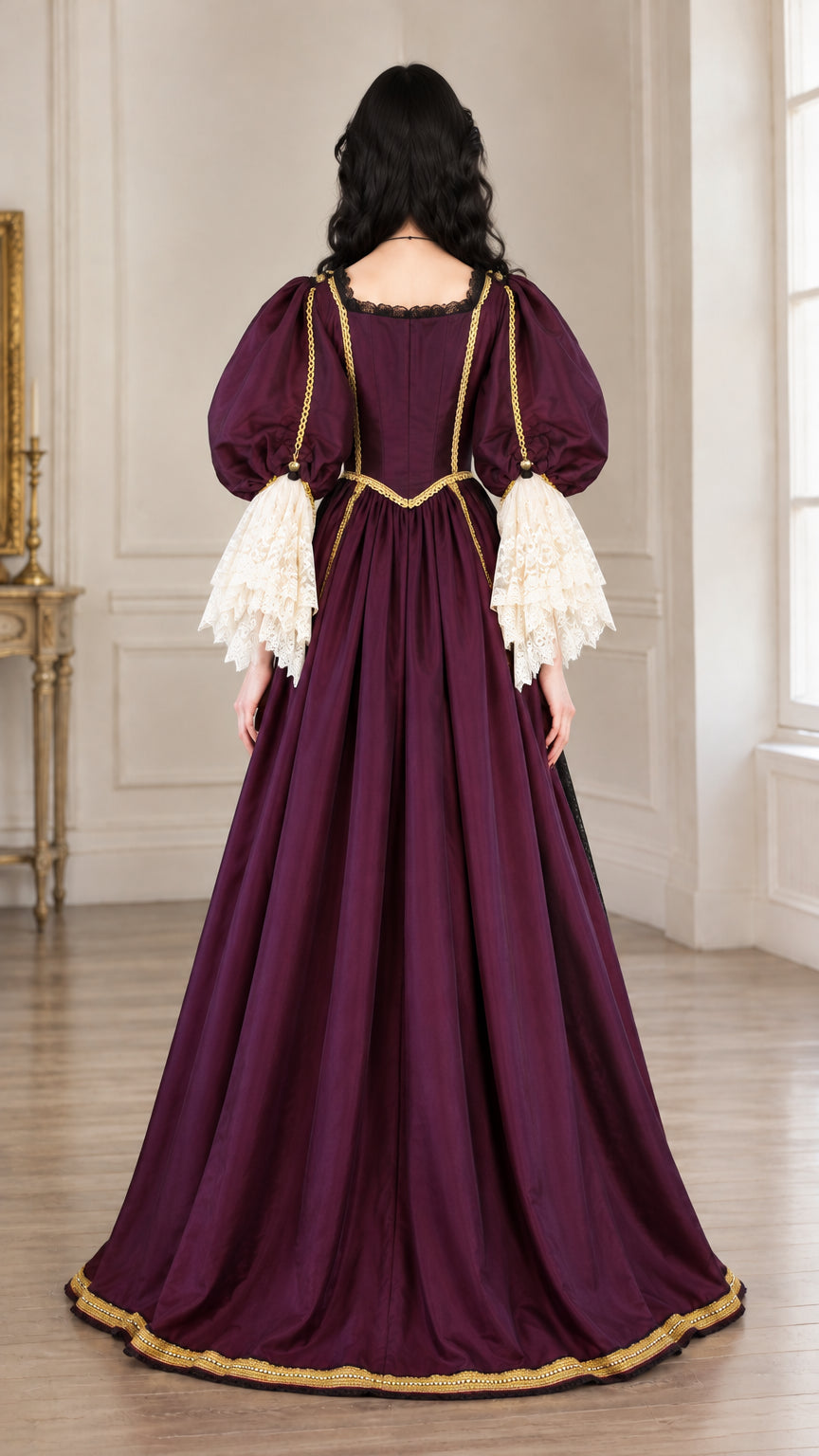Back view of the purple medieval ball gown with square back neckline and floor-length drape