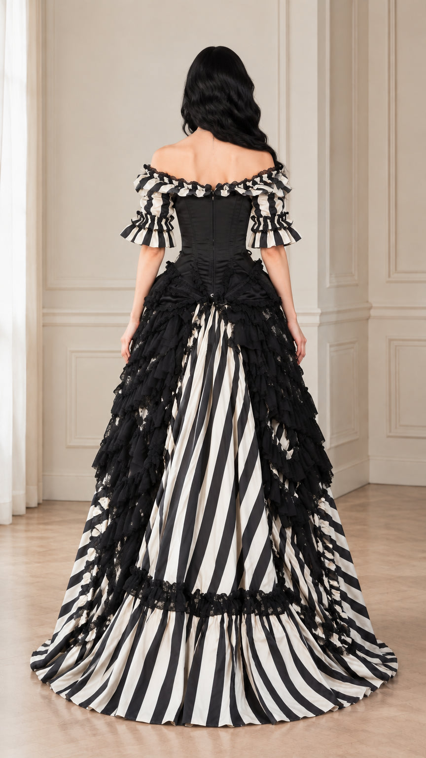 Back view of black and white striped Victorian gothic corset ball gown