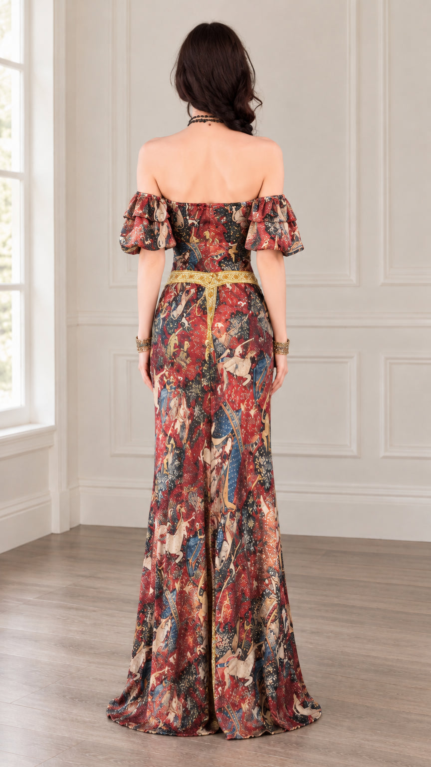 Back view of burgundy medieval tapestry maxi dress showing off-shoulder cut and puff sleeves