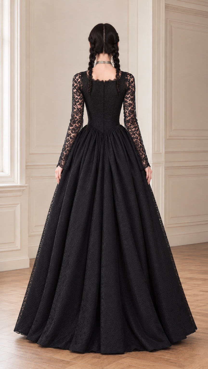 Back view of the black long sleeve lace ball gown maxi dress