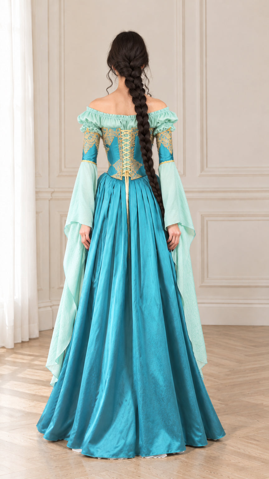 Back view of Teal Blue Renaissance corset dress highlighting rear bodice and floor-length skirt