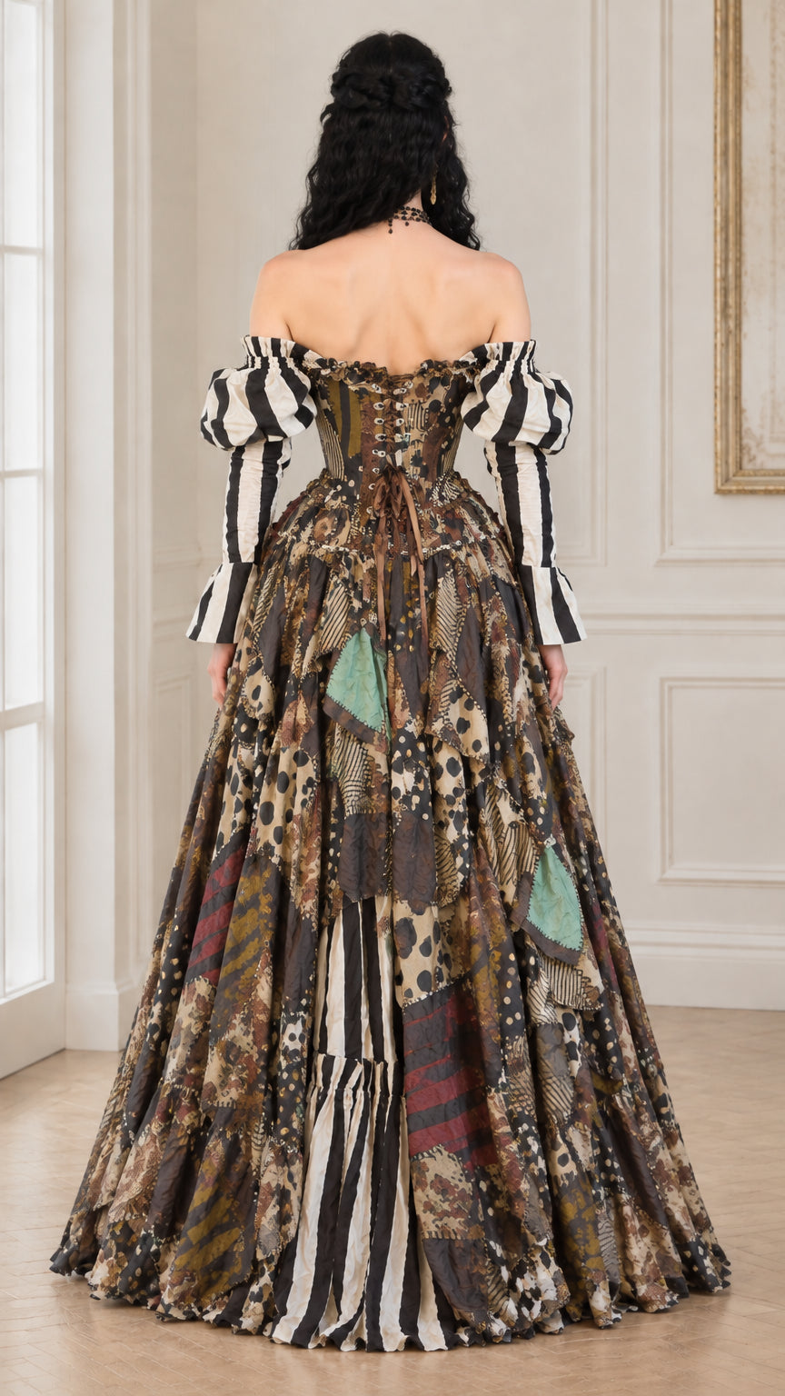 Back view of women's vintage patchwork ball gown showing lace-up corset detail
