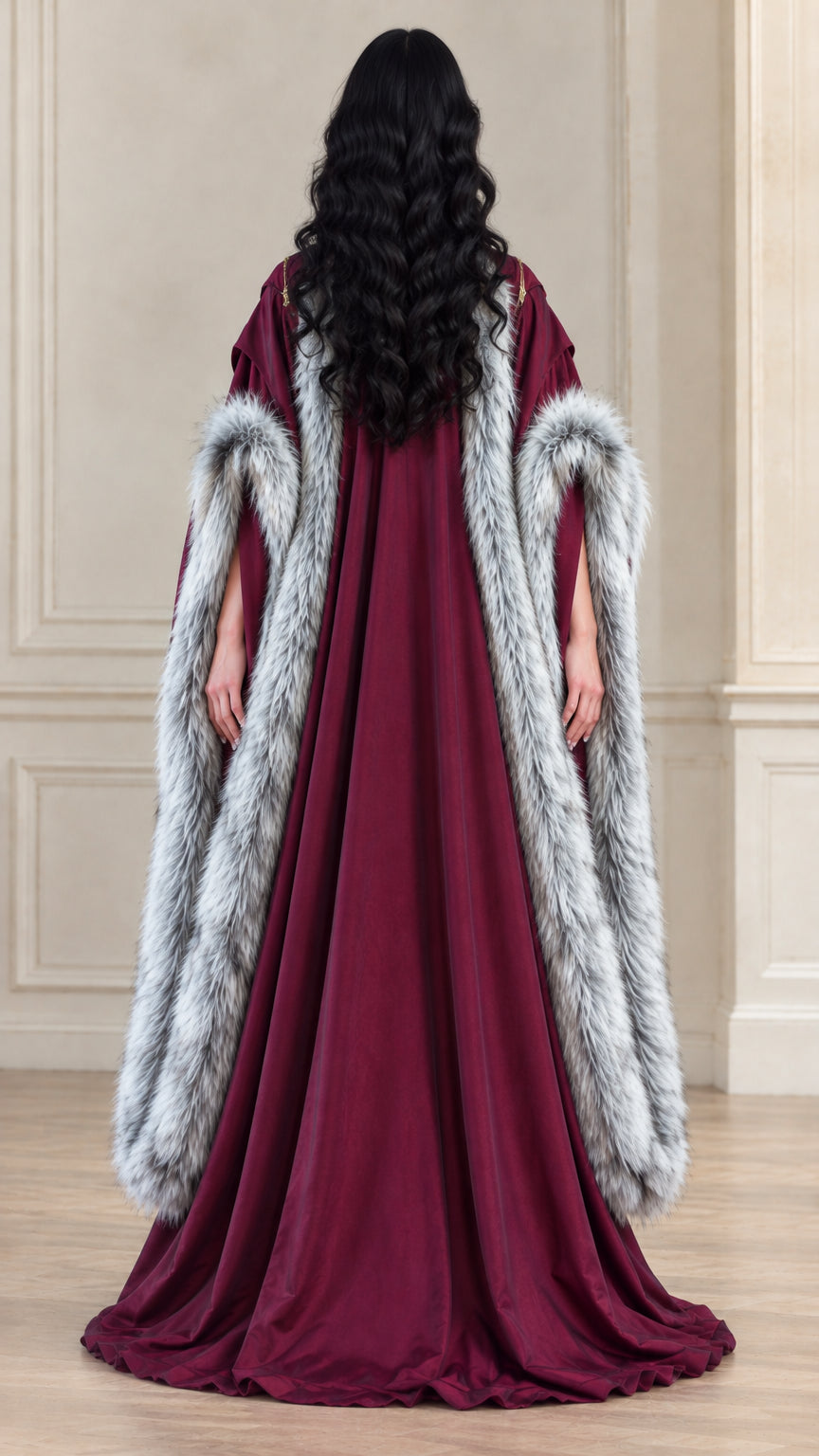 Back view of burgundy medieval gown with full-length draping cape