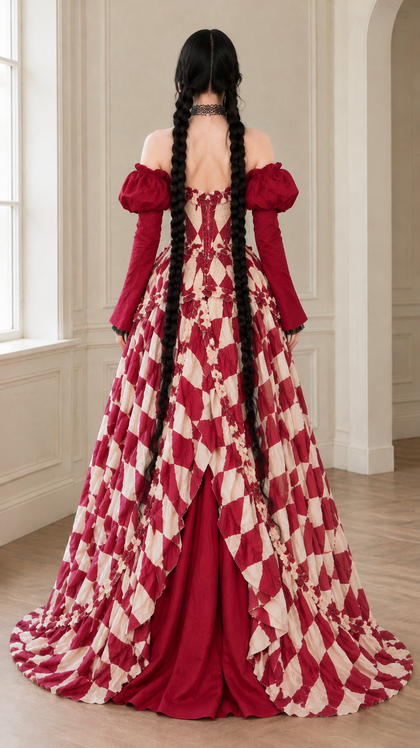 Rear view of burgundy gothic harlequin ball gown highlighting lace-up corset back