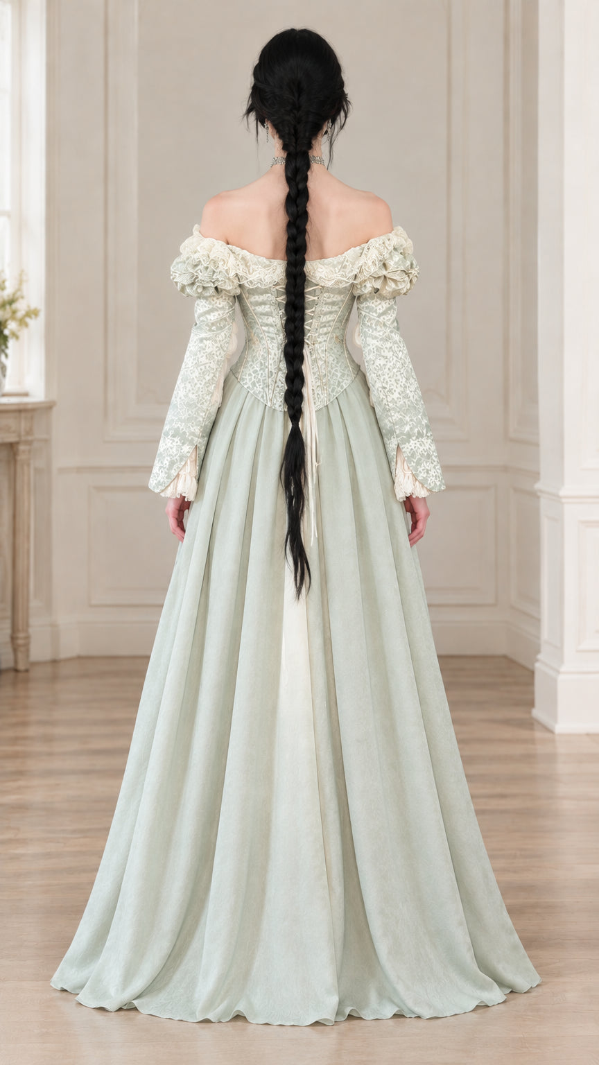 Back view of model wearing sage green off-the-shoulder ball gown with floor-length skirt