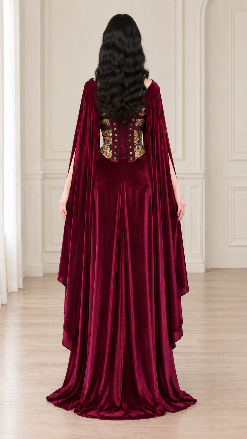 Back view of burgundy velvet gown showcasing flowing cape sleeves and corset back detail