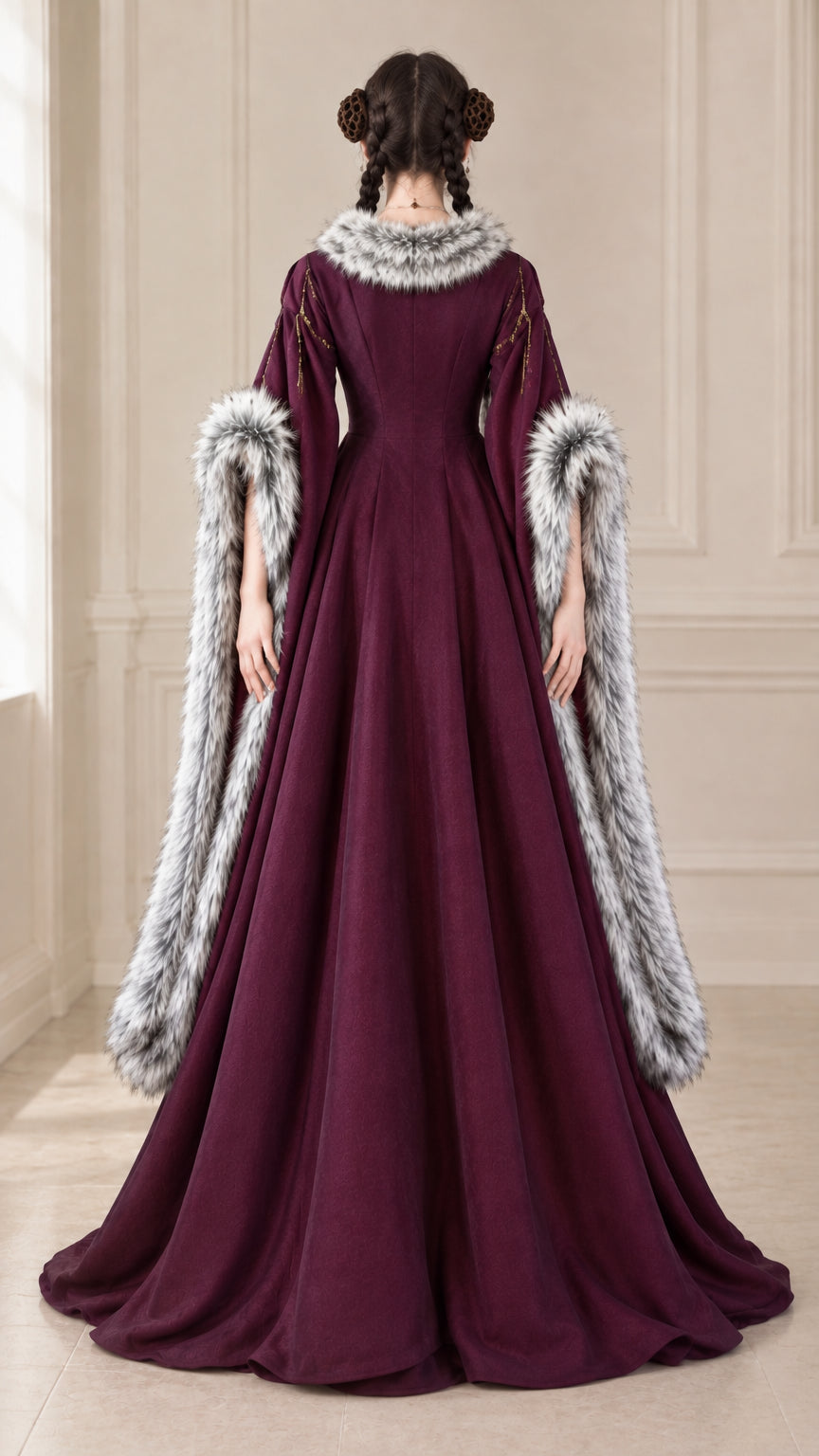 Back view of floor-length burgundy medieval gown with faux fur collar