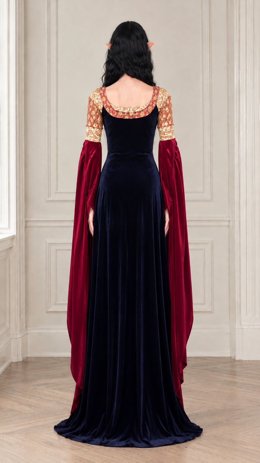 Back view of navy blue velvet maxi gown showing elegant drape and scoop back neckline