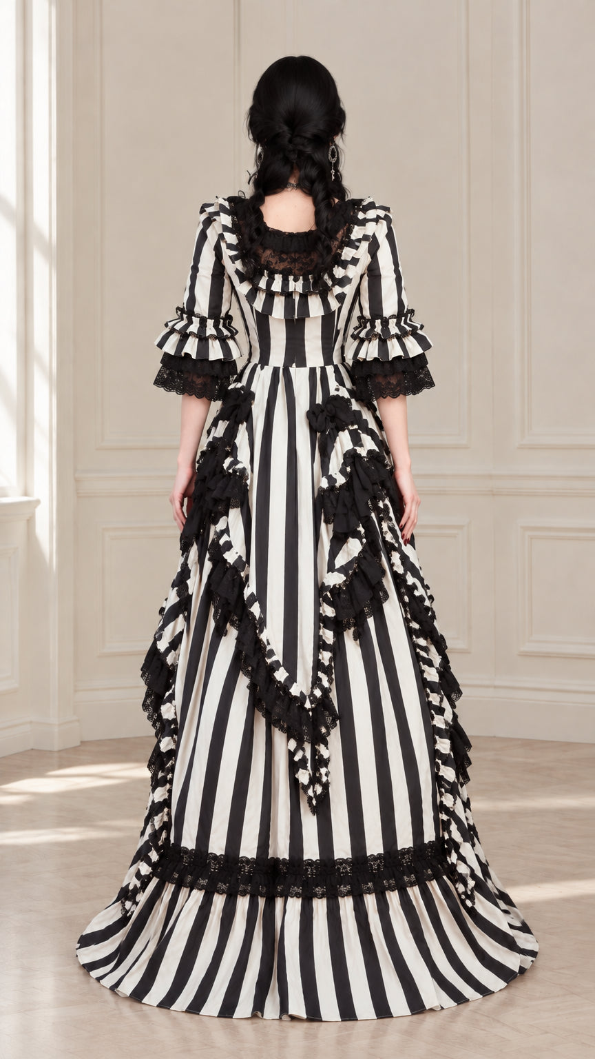 Back view of black and white striped Victorian ball gown dress