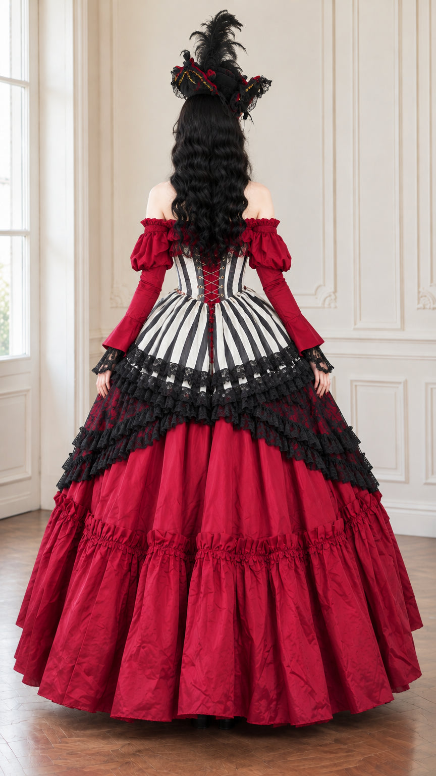 Back view of wine red gothic Victorian corset ballgown with black lace draping