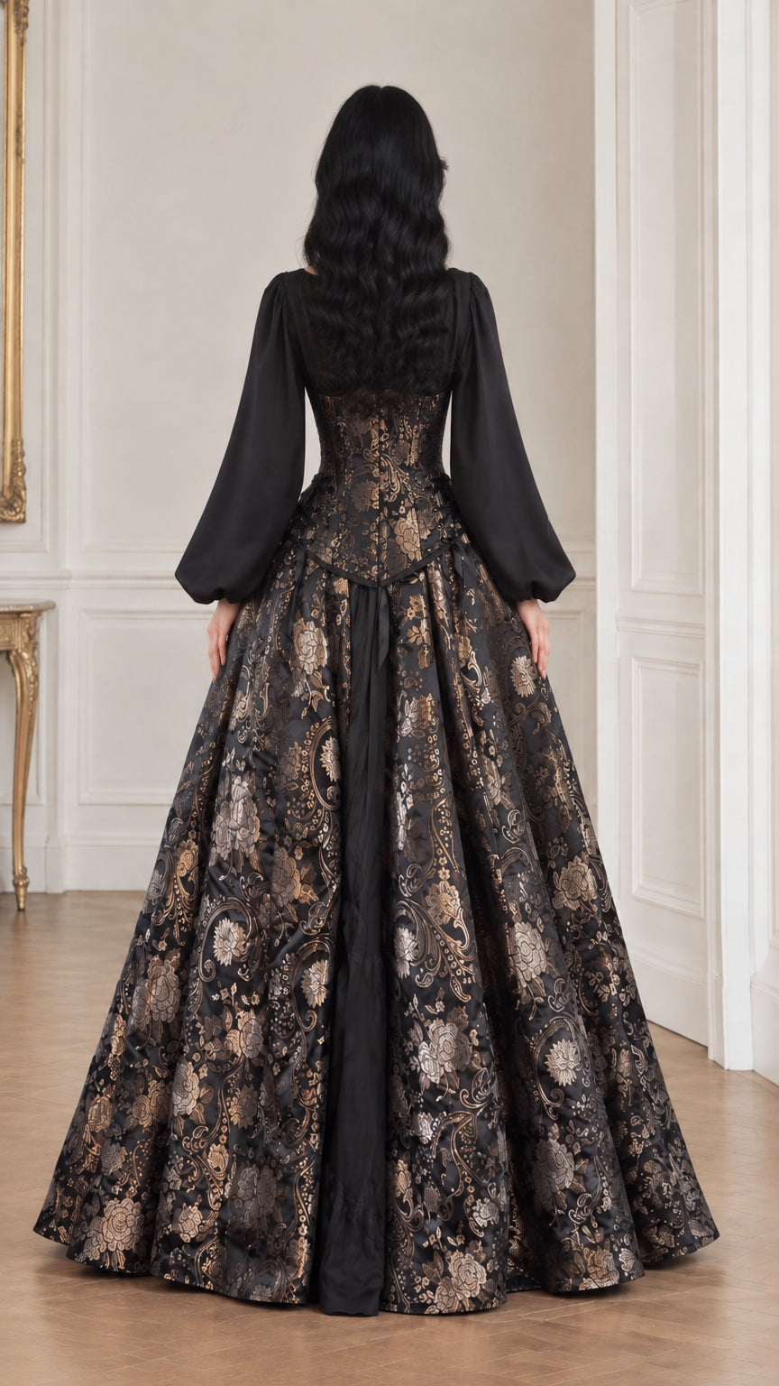 Rear view of woman wearing black and gold jacquard evening gown