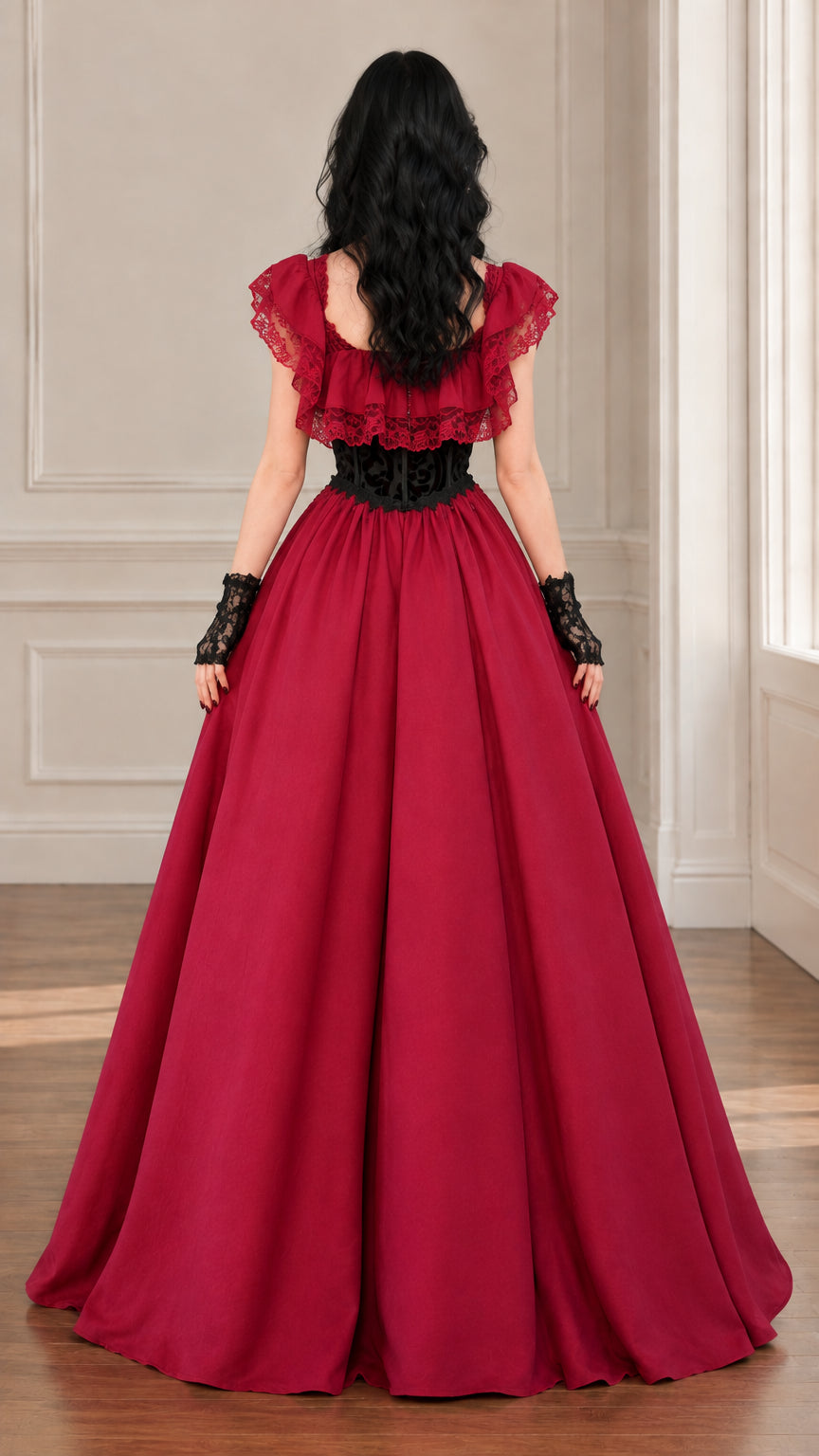 Back view of wine red Gothic Victorian maxi dress with lace ruffle neckline