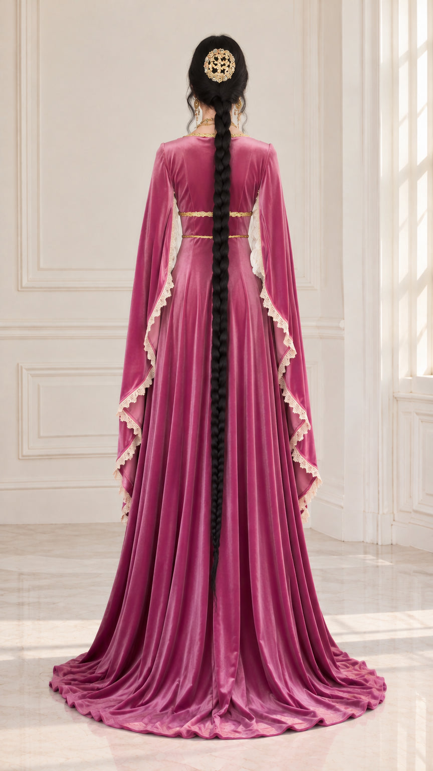 Rear view of magenta velvet period gown showing graceful back drape and sweeping floor length train