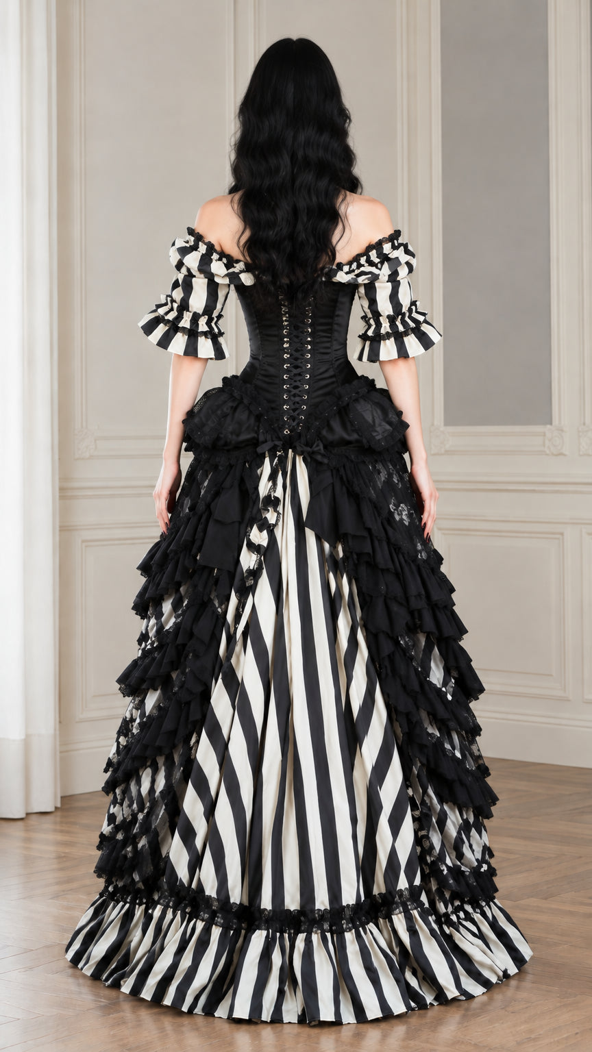 Rear view highlighting the lace-up corset back and cascading tiered bustle skirt