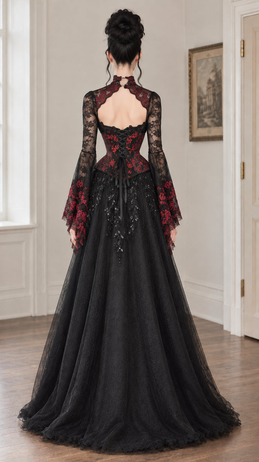 Back view of black gothic ball gown featuring keyhole back cutout and adjustable corset lace-up tie