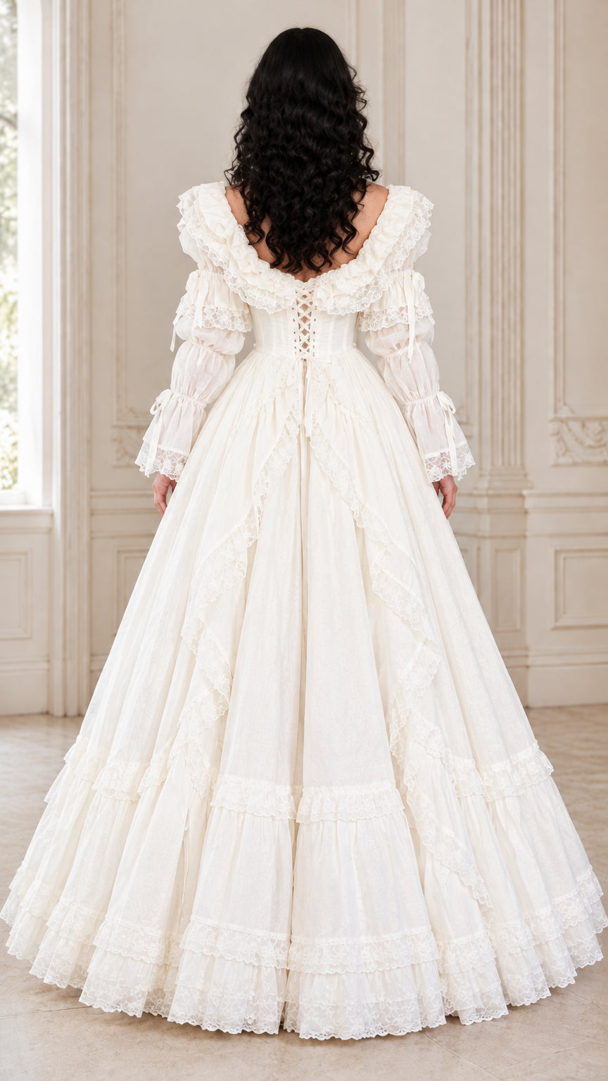 Back view of ivory Victorian gown showcasing the lace-up corset back and sweeping ball gown skirt