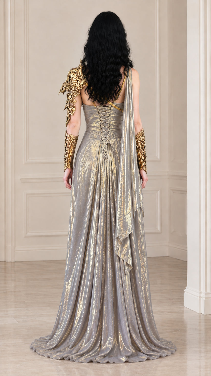 Silver grey fantasy gown back view featuring adjustable lace-up corset closure