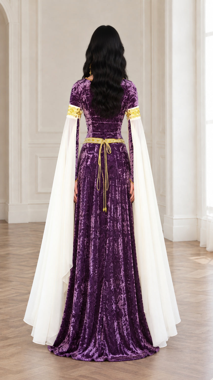 Back full-length view of purple medieval maxi gown showing lace-up tie closure and flowing drapes