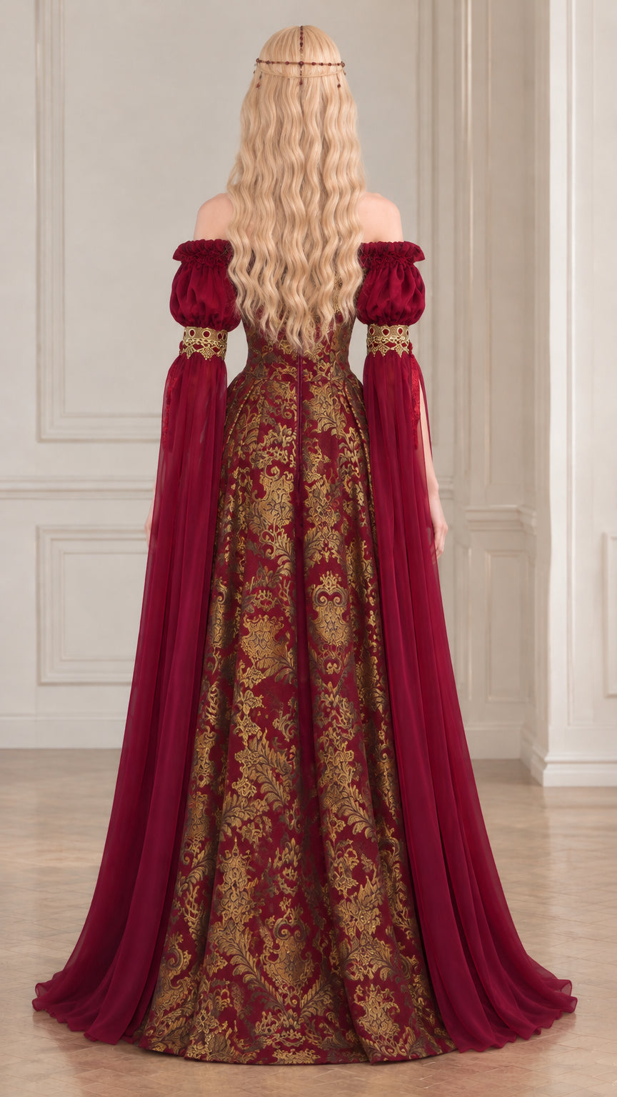 Back view of burgundy off-shoulder renaissance gown featuring full-length golden brocade skirt panel