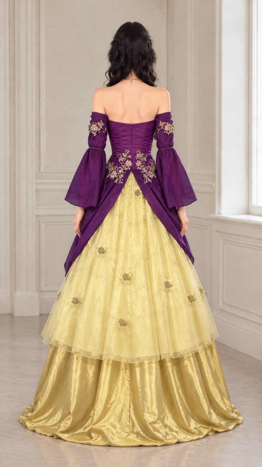 Back view of purple and gold corseted ball gown with tiered yellow skirt