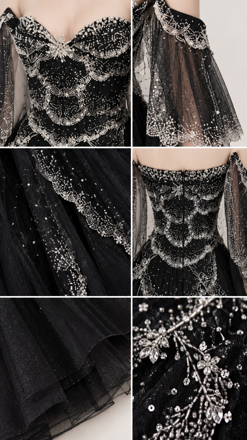 Close-up details of sequin floral appliques, tiered scalloped bodice, and sheer capelet sleeves